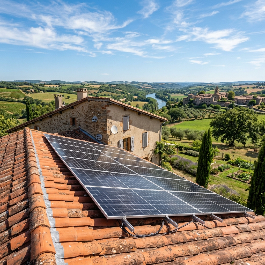 Installation de panneaux solaires monocristallins sur toiture en tuiles dans le Tarn, sud de la France