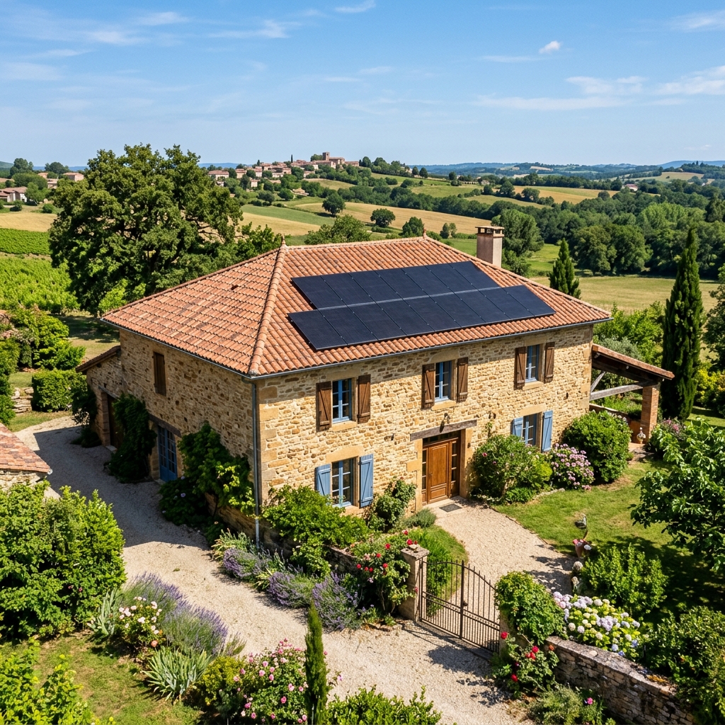 Installation photovoltaïque moderne sur une maison typique du Tarn